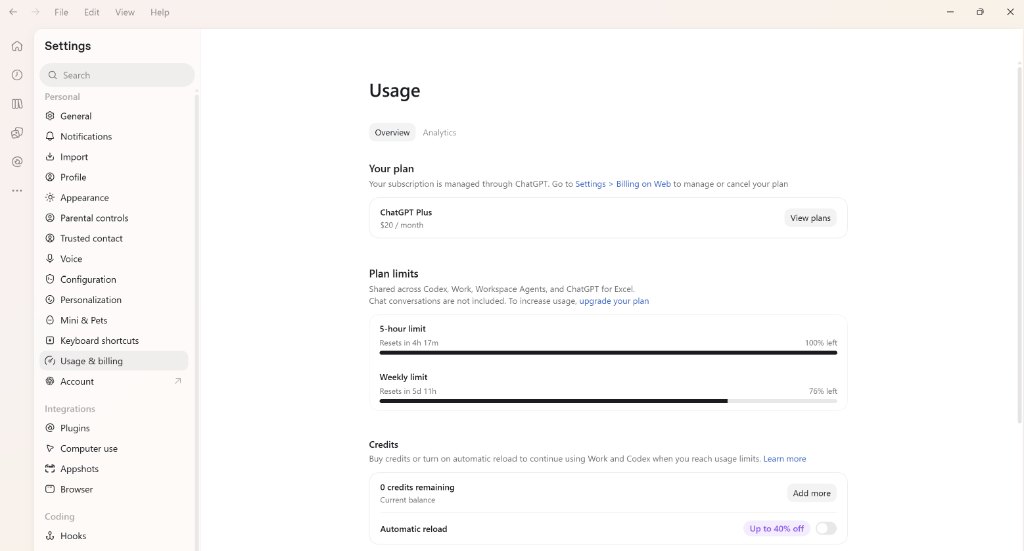 ChatGPT usage and limits panel