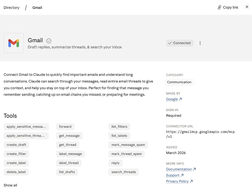 Gmail connector detail page with tools