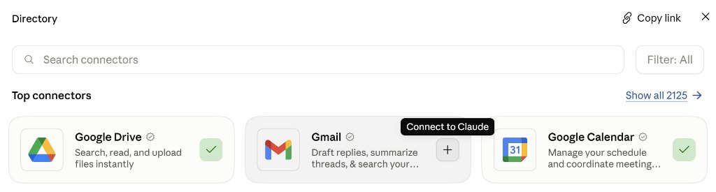 Hovering over Gmail shows Connect to Claude tooltip