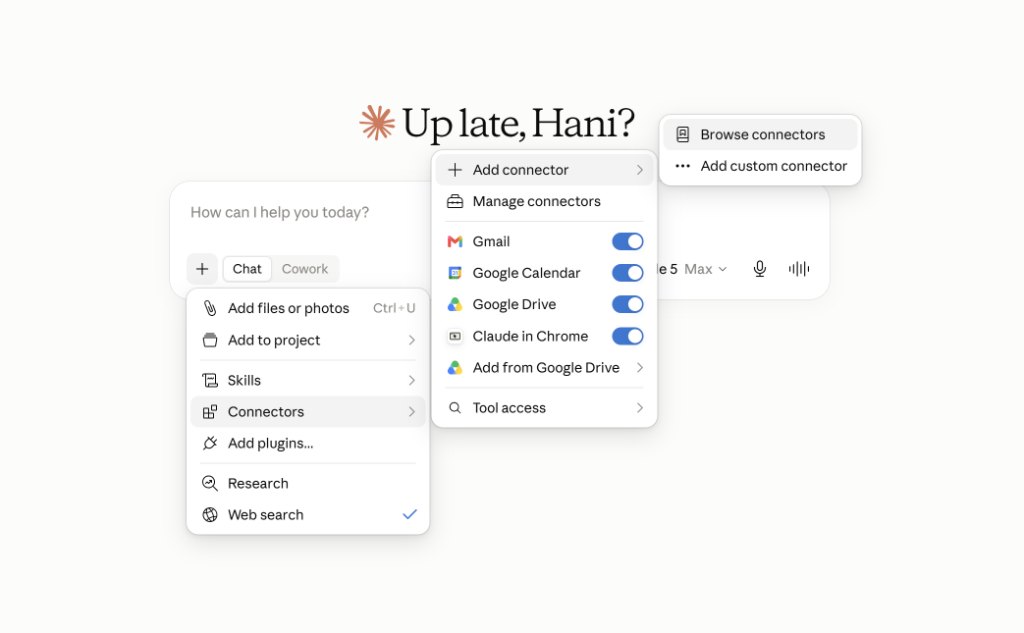 Claude connectors menu path from + button