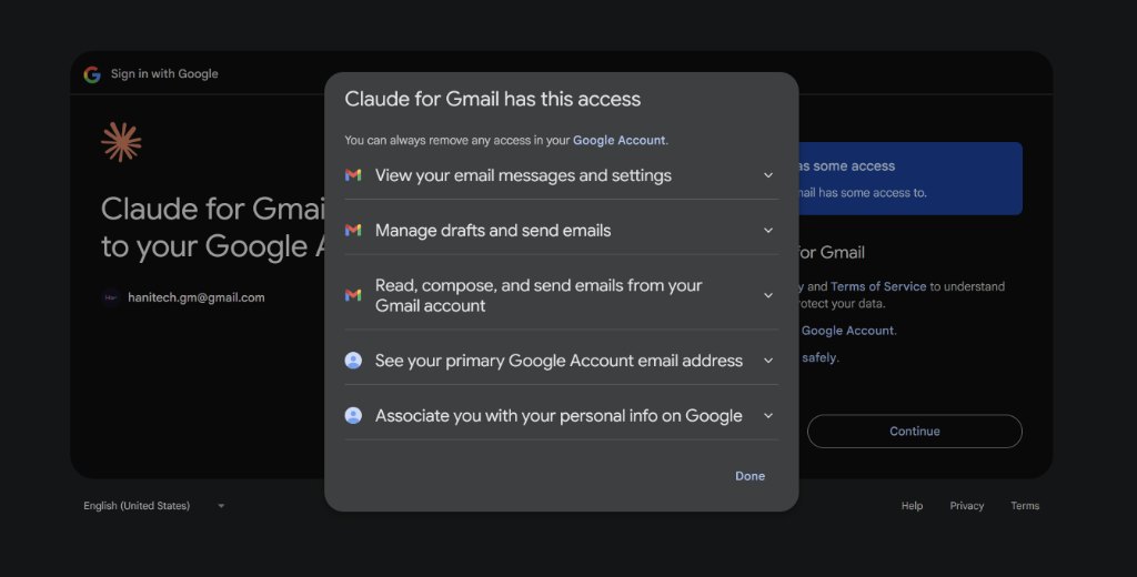 Google OAuth permissions screen for Claude for Gmail