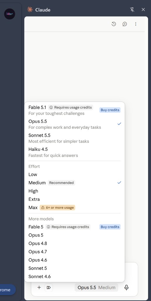 Claude sidebar inside the Chrome browser with the model picker open