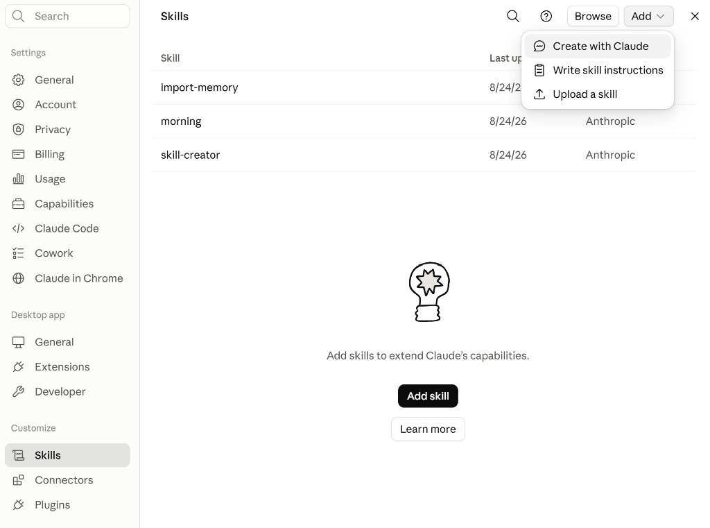 Claude Skills panel with Add menu open showing 3 options