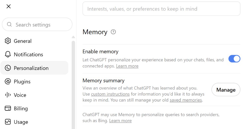 Memory settings