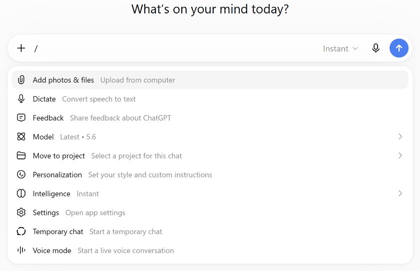 ChatGPT slash shortcut menu